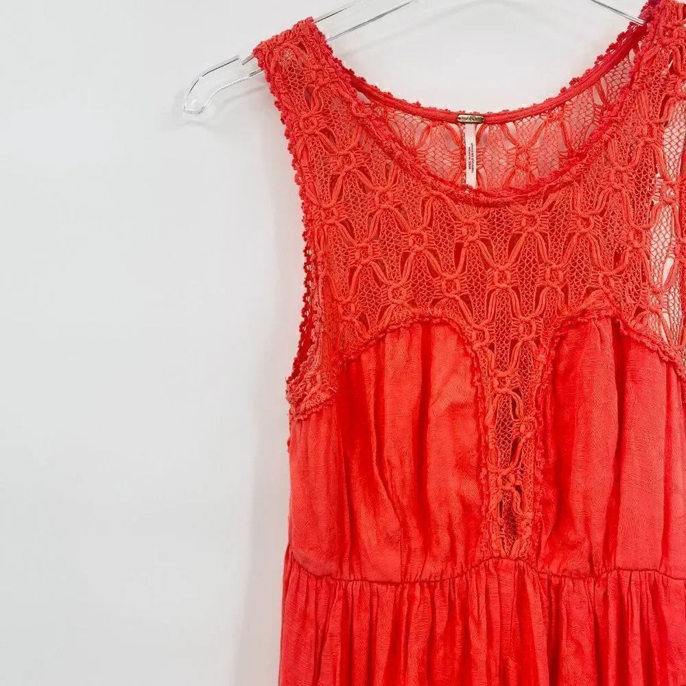 Free People Size XS Fiesta Coral Pink Crochet Lace Boho Sleeveless Mini Dress